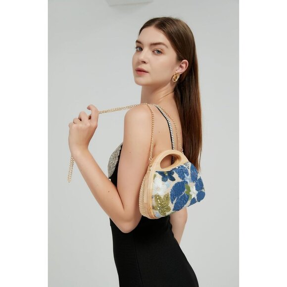 Blue Straw Clutch Handbag for Women, Woven Summer Evening Party Bag with Removab - Picture 3 of 6